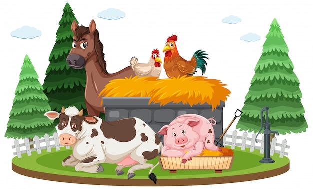 Escena de la granja con muchos animales en la granja.