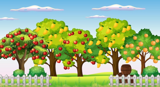 Vector escena de la granja con muchos árboles frutales diferentes.