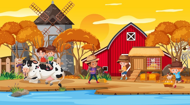 Escena de la granja con muchos personajes de dibujos animados para niños y animales de granja.