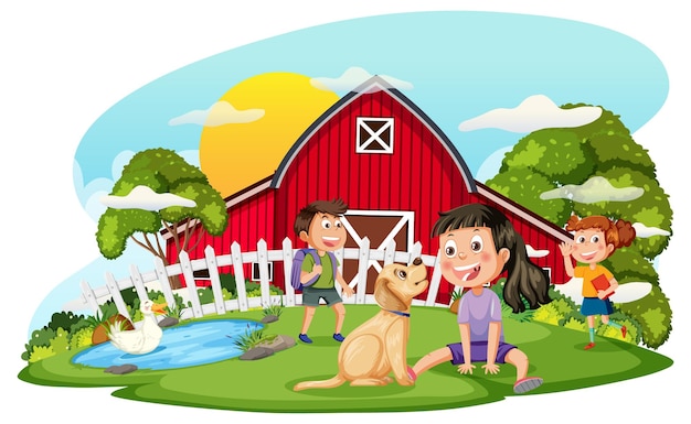 Escena de la granja con personaje de dibujos animados para niños