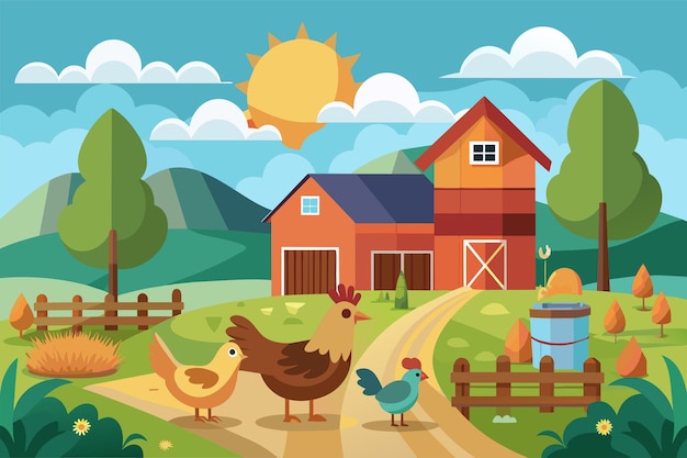 Vector una escena de granja que muestra pollos de campo libre vagando por un granero huevos frescos de granja de pollos de terreno libre