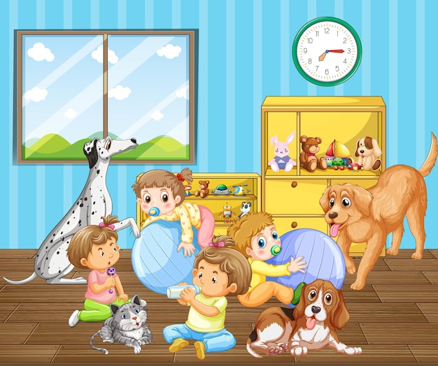 Escena de la habitación con bebés jugando con perros.