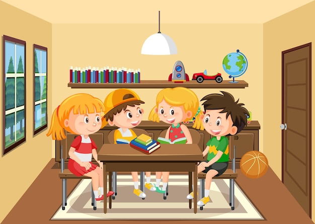 Escena de la habitación con niños haciendo la tarea.