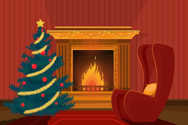 La escena en la habitación tiene un árbol de navidad chimenea y sillón