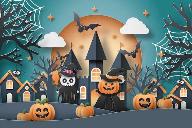 Una escena de Halloween del Castillo con fantasma y calabaza de cara feliz Feliz Halloween