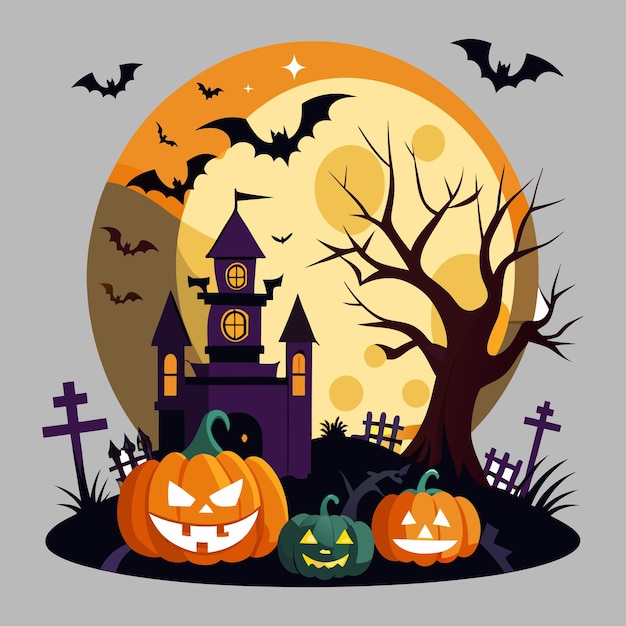 Escena de Halloween espeluznante con calabazas castillo murciélago fondo blanco ai generado