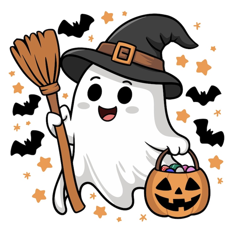 una escena de Halloween con un fantasma y una escoba