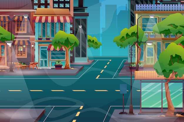 Vector escena del hermoso paisaje urbano con edificio alto, tienda y calle con parque