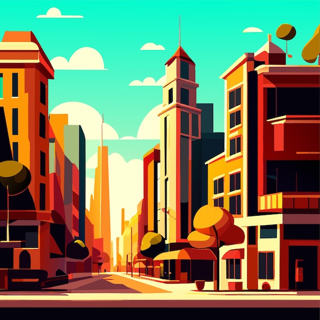 Vector escena de un hermoso paisaje urbano con una tienda de construcción alta y una calle con un parque