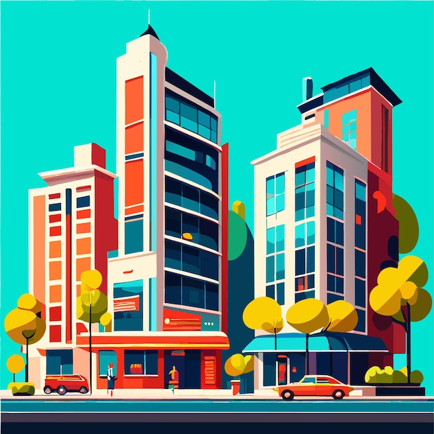 Vector escena de un hermoso paisaje urbano con una tienda de construcción alta y una calle con un parque