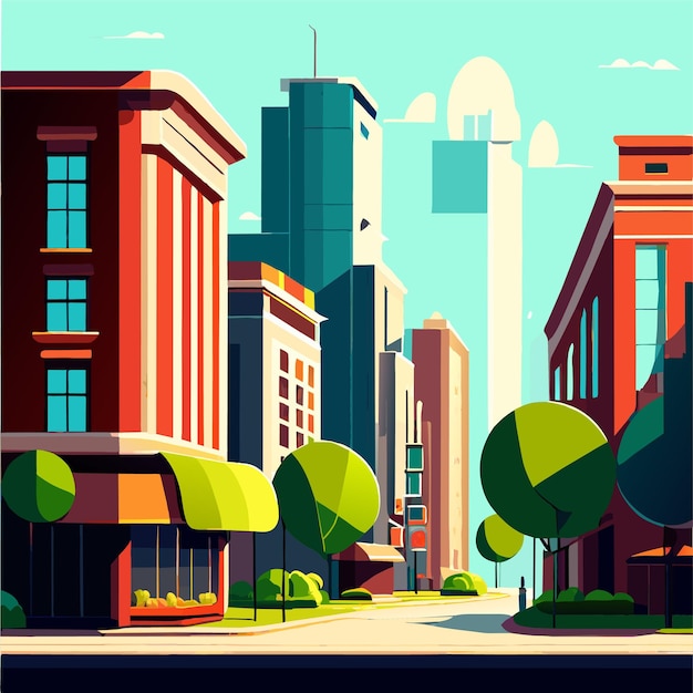 Vector escena de un hermoso paisaje urbano con una tienda de edificios altos y una calle con un parque