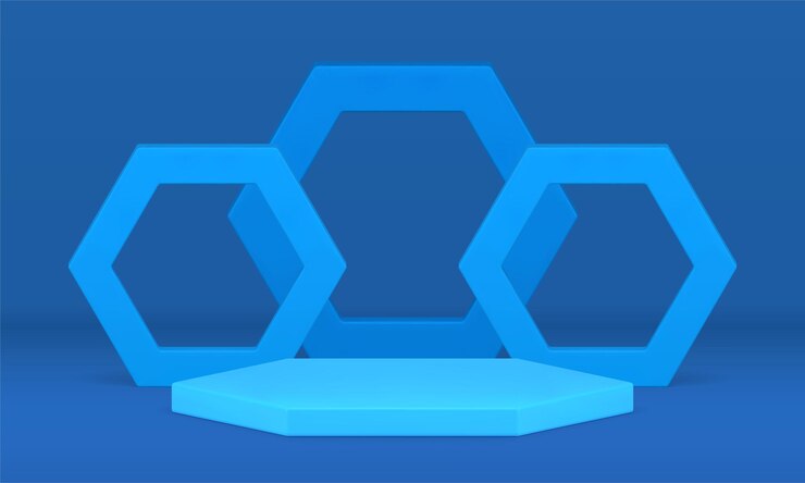 Vector escena hexagonal azul evento podio pedestal poligonal borde de marco diseño 3d vector realista