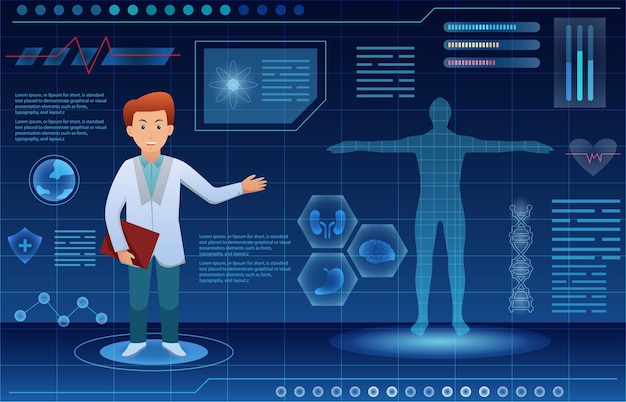 Escena holográfica médica El médico es diagnosticado por tecnología de salud con exploración del cuerpo del paciente Concepto de realidad aumentada Vector