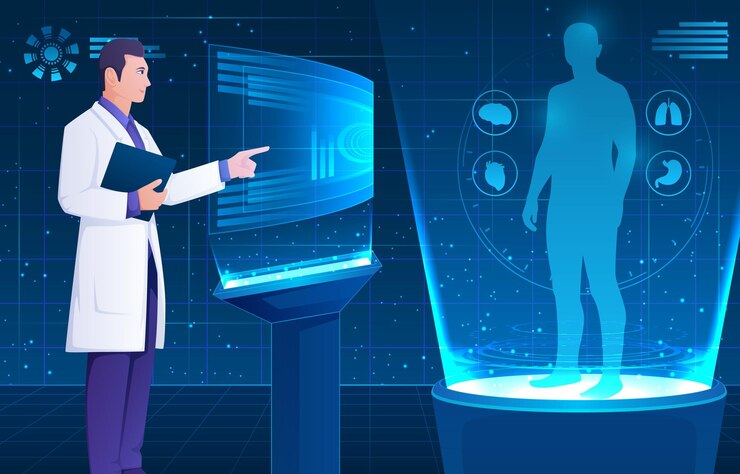 Vector escena holográfica médica el médico es diagnosticado por tecnología de salud con exploración del cuerpo del paciente concepto de realidad aumentada vector