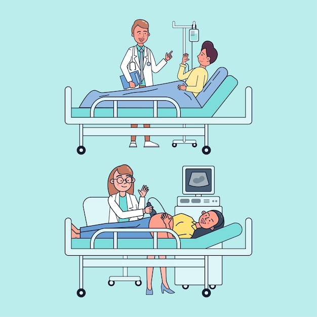 Escena del hospital El médico internista visita la condición del paciente en la cama, el obstetra examina el embarazo de la paciente. ilustración plana