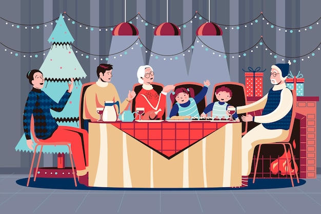 Escena de ilustración de cena de navidad con familia