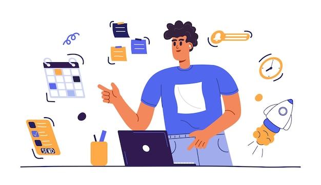 Escena de inicio Lanzamiento de inicio concepto plano moderno Inicio de nuevo proyecto Carácter trandy con objeto de negocio Ilustración vectorial