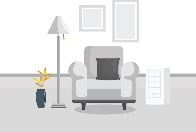 Escena interior de casa con sofá e interiores de decoración Vector Premium