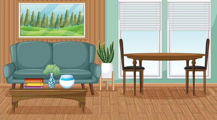 Vector escena interior de sala de estar con muebles y decoración de sala de estar.