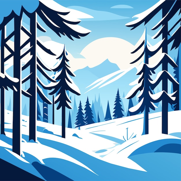Una escena invernal con un paisaje nevado y un bosque con una montaña al fondo