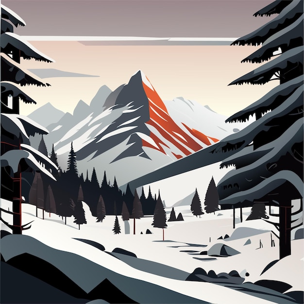 Una escena invernal con un paisaje nevado y un bosque con una montaña al fondo