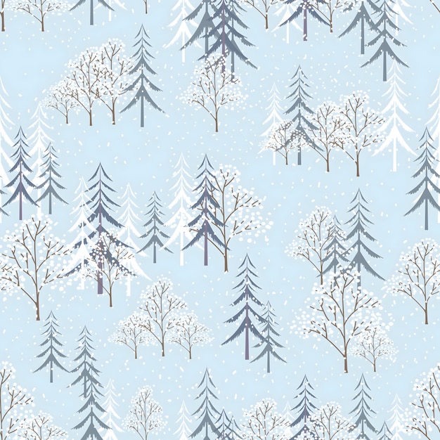 Escena de invierno en el bosque con nieve y árboles de hoja perenne