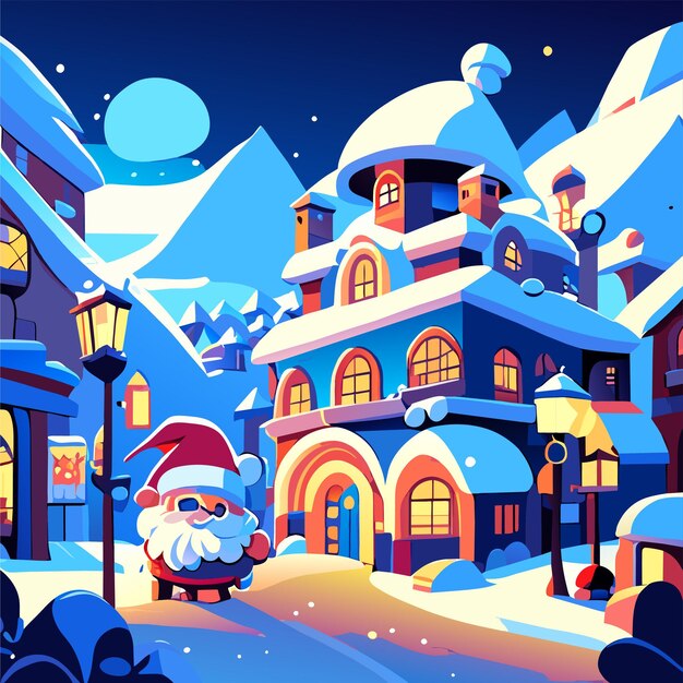 Vector escena de invierno de navidad con una pegatina de dibujos animados de estilo plano dibujada a mano por santa claus