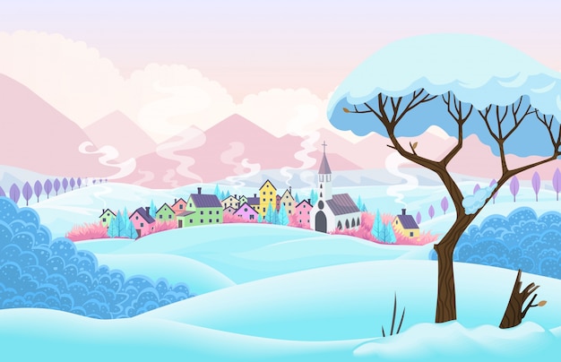 Escena de invierno con pueblo y árbol