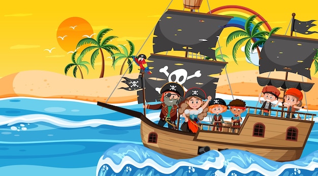 Vector escena de la isla del tesoro al atardecer con niños piratas en el barco