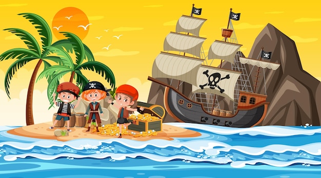 Escena de la isla del tesoro al atardecer con niños piratas