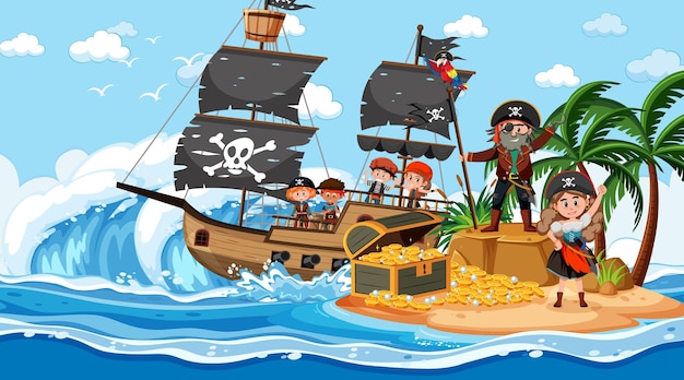 Vector escena de la isla del tesoro durante el día con niños piratas