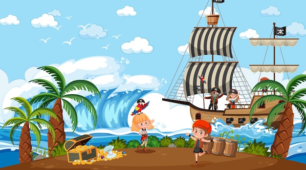 Vector escena de la isla del tesoro durante el día con niños piratas