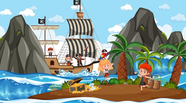 Escena de la isla del tesoro durante el día con niños piratas