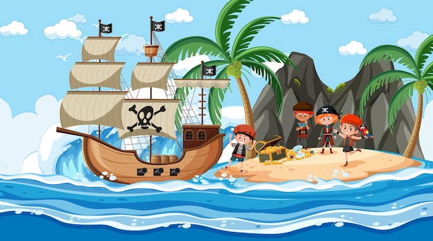 Escena de la isla del tesoro durante el día con niños piratas