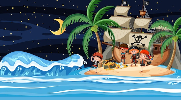 Vector escena de la isla del tesoro por la noche con niños piratas