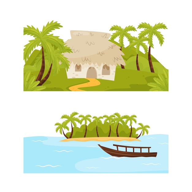 Escena de islas tropicales con palmeras playa de arena y agua como conjunto vectorial de aventura exótica