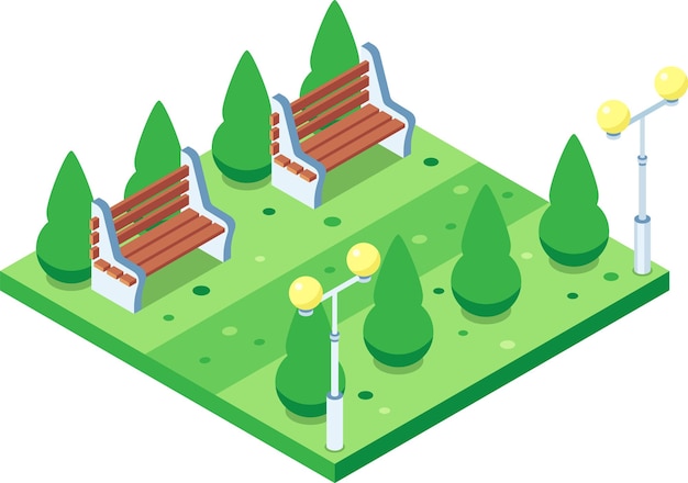 Escena isométrica del parque de la ciudad con bancos de madera, árboles verdes exuberantes y farolas modernas que representan la recreación urbana y los espacios de ocio al aire libre