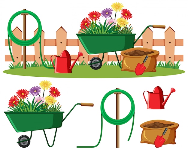 Escena de jardinería con flores y herramientas.