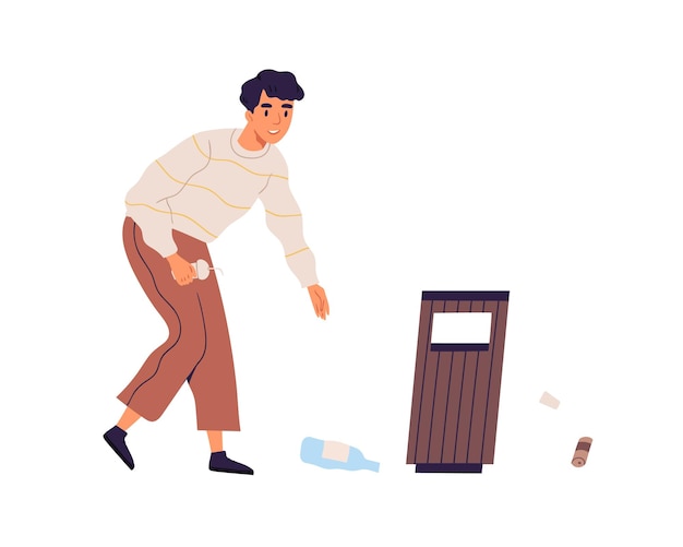 Escena con un joven recogiendo basura para tirarla a la basura. Chico limpiando la calle recogiendo basura plástica. Ilustración de vector plano coloreado aislado sobre fondo blanco.