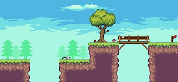 Escena de juego de arcade de pixel art con árbol, puente, piedras y nubes