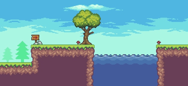 Escena de juego de arcade de pixel art con árboles, lago, nubes fondo de 8 bits