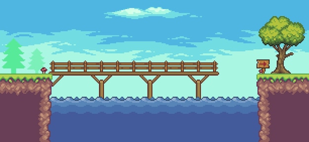 Escena de juego de arcade de pixel art con plataforma flotante puente sobre el río árboles valla y nubes 8 bits