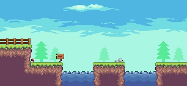 Escena de juego de arcade de pixel art con valla de tablero de lago de árbol y nubes de fondo de vector de 8 bits