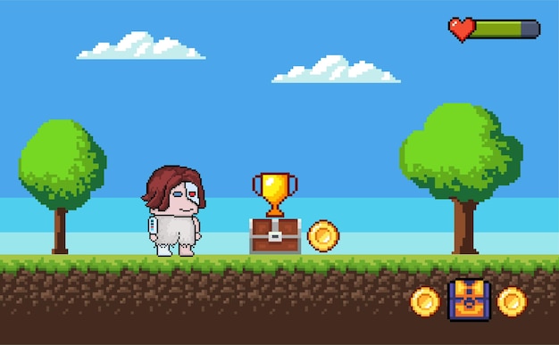 Escena de juego de arte de píxeles con hierba de tierra árboles cielo nubes personaje monedas cofres del tesoro y vector de paisaje de 8 bits