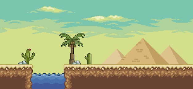 Escena de juego del desierto de arte de píxeles con pirámide, palmera, oasis, fondo de paisaje de 8 bits de cactus