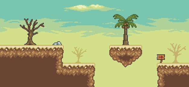 Escena del juego del desierto de pixel art con fondo de 8 bits de árbol de cactus de palmera de isla flotante