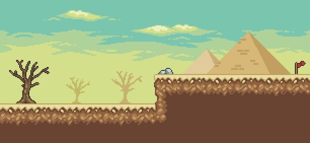 Escena del juego del desierto de pixel art con fondo de 8 bits de árbol de cactus de pirámides