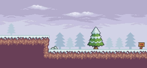 Escena de juego de pixel art en la nieve con pinos nubes tablero indicativo de 8 bits