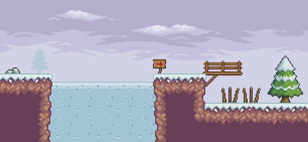 Escena del juego de pixel art en la nieve con pinos puente trampa lago congelado fondo de vector de 8 bits