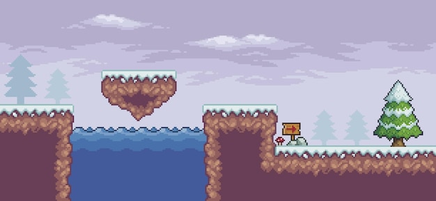 Escena de juego de pixel art en la nieve con pinos tablero de isla flotante fondo de vector de 8 bits